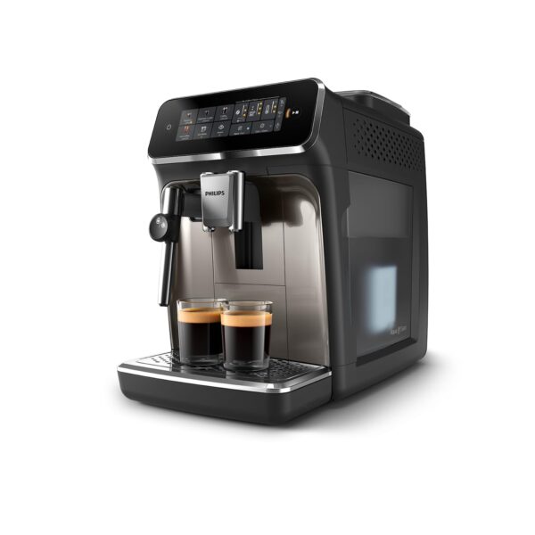 PHILIPS Serie 3300 Macchina da caffè automatica - 5 tipi di bevande, Touch screen a colori, Sistema LatteGo, SilentBrew, Macinacaffè in ceramica al 100%, Filtro AquaClean. Cromato Nero (EP3326/90)