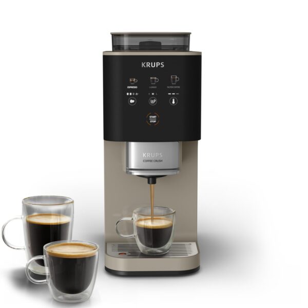 Krups Coffee Crush Extra, Macchina da Caffè Automatica, Super Compatta, Ingombro Minimo, 3 Livelli di Macinatura per Caffè in Grani, Intensità, Lunghezza e Temperatura Regolabili, 1370 W, Chai, SA402A
