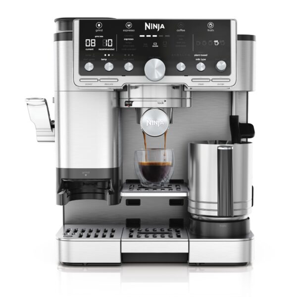Ninja Luxe Pro 3 in 1 - Macchinetta per Caffè, Cappuccino, Latte Macchiato - Macinacaffè, Montalatte - Uso Facile e Guidato, 5 Programmi Automatici - Modello ES701EU, Colore Argento